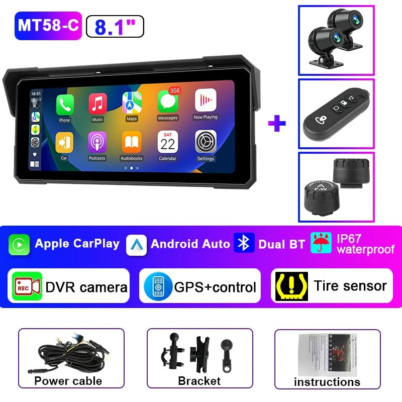 VisioMoto™: Carplay Motorcycle 8,1" Double Caméra + TPMS